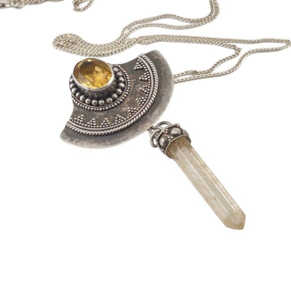 Sterling Silver Citrine Quartz Crystal Pendant Necklace With Crescent Moon Desig - Picture 1 of 7